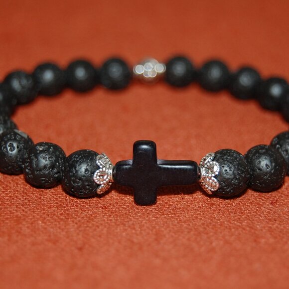 Cross Bracelet,Lava Bracelet,Cross Lava Stone Bracelet,Drawstring Bracelet - Picture 2 of 2